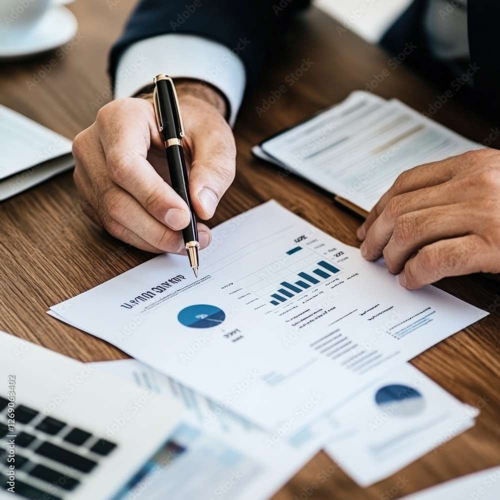 Poster business analysis report office environment document review corporate setting close-up focus data in