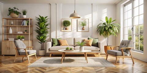 Fototapeta premium Minimalist Scandinavian Living Room Mockup: Modern Design & Simple Elegance