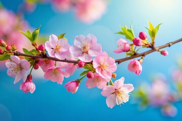 Obraz premium Minimalist Spring Cherry Blossom Branch, Blue Sky Background, Copy Space