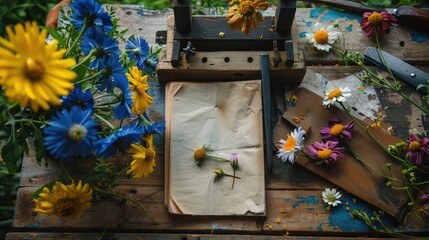 A rustic wooden table adorned with vibrant flowers and an open, aged book, capturing a serene, creative atmosphere