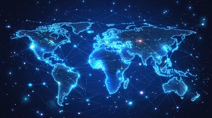 A glowing global trade network map with bright connections between major ports, futuristic and detailed 