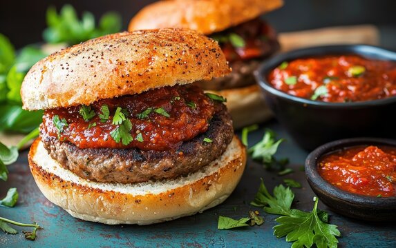 Serbian pljeskavica burger with ajvar on a pastel background
