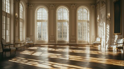 Fototapeta premium Elegant interior space with large windows casting shadows on polished wooden floor during afternoon light