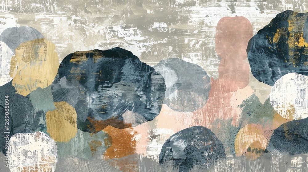 Poster abstract art with a textured background in neutral colors. organic shapes in muted tones create a so