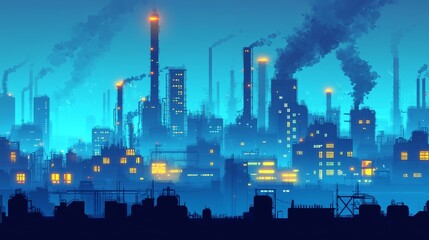 Obraz premium 3D illustration of a futuristic city in a cyberpunk style. Industrial landscape in a blue haze. Night scene with neon lighting.