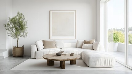 Modern living room corner with white walls, a concrete floor, a white sofa and an original coffee table. A poster and a panoramic window. 3d rendering mock up