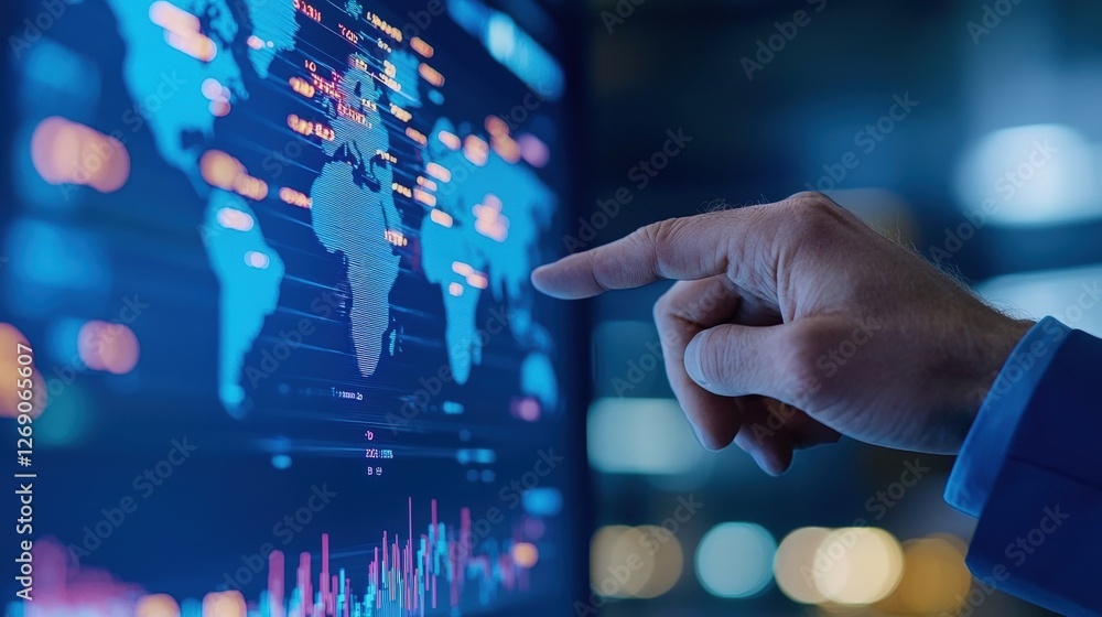 Poster a hand points at a digital world map displaying data and graphs, illustrating global connectivity an