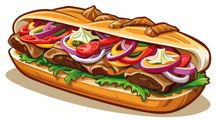 A hearty Philly cheesesteak sandwich with onions and peppers, isolated white background, hyperrealism art style