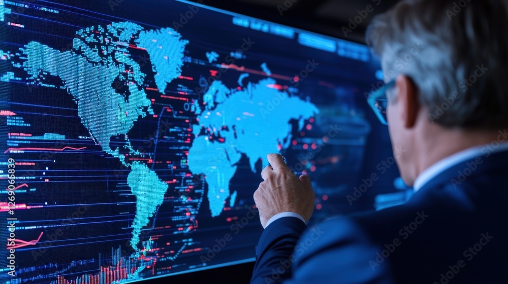Poster a business professional interacts with a digital world map on a screen, highlighting data visualizat