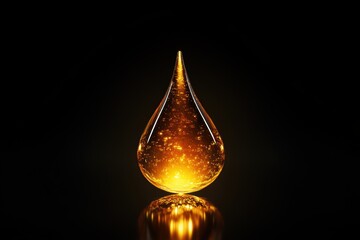 Fototapeta premium Stunning Golden Liquid Drop with Illuminated Particles Displayed on Black Background, Ideal for Creative and Commercial Projects