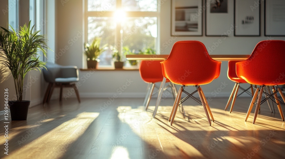 Poster sunlight pours into a stylish office lounge, illuminating contemporary red chairs around a wooden ta