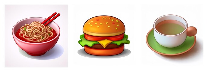 Cartoon style images of food: noodles in a bowl with chopsticks, a hamburger, and a cup of tea on a saucer.