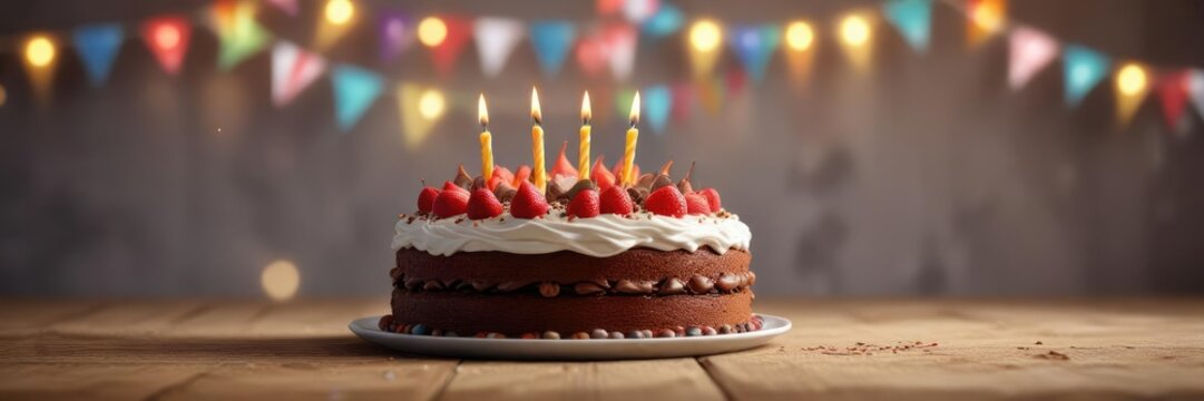Delicious birthday cake with a festive "Happy Birthday" banner, dessert shop, festive decor, baked fresh
