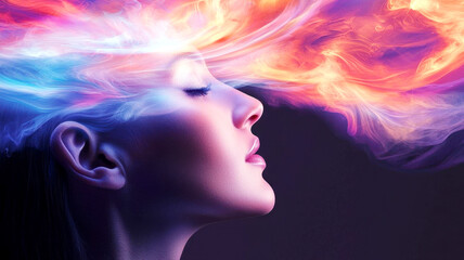 Creative thinker surrounded by bright abstract ideas, swirling patterns symbolizing the birth of innovative designs