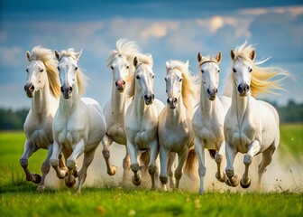 Obraz premium Minimalist White Horses Galloping Across Field - Joyful Herd Dynamic Angle Stock Photo