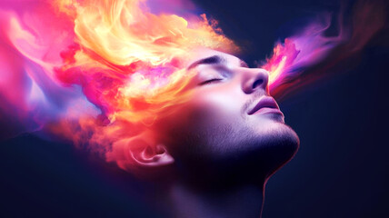 Creative thinker surrounded by bright abstract ideas, swirling patterns symbolizing the birth of innovative designs