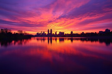 Fototapeta premium Stunning Sunset Over Urban Skyline with Vibrant Colors Reflecting in Water, Dramatic Clouds and Silhouette of City Buildings, Peaceful Evening Atmosphere