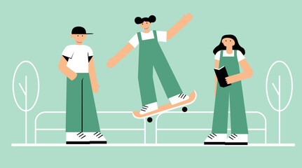 3 flat illustrations teenagers in fashionable clothes