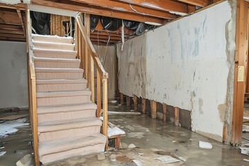 Obraz premium Basement stairs flooded water damage destroyed home.