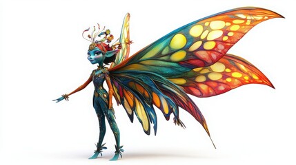 Fototapeta premium Whimsical Fairy with Colorful Wings on a Clean White Background