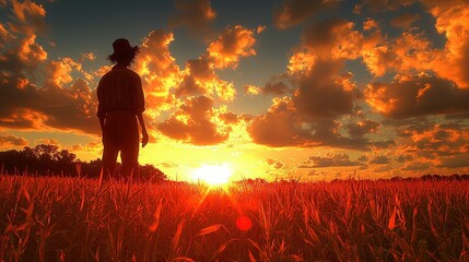 Fototapeta premium A thoughtful man standing alone in a wide open field under a vast blue sky