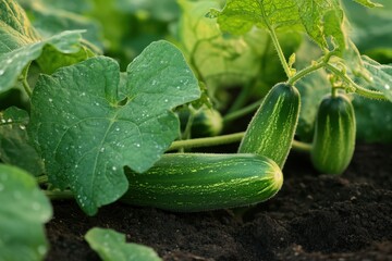 Obraz premium Cucumber plant growing in a garden lush green environment close-up view organic cultivation concept with healthy cucumbers and leaves