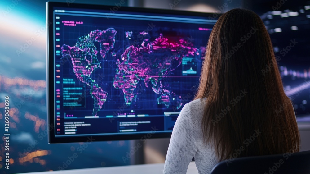 Poster a person analyzes a futuristic world map displayed on a large screen, showcasing digital data and vi