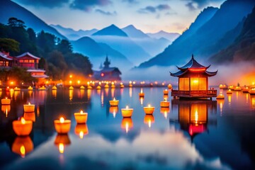 Fototapeta premium Misty Lake Lantern Festival Dusk - Tilt-Shift Miniature Scene