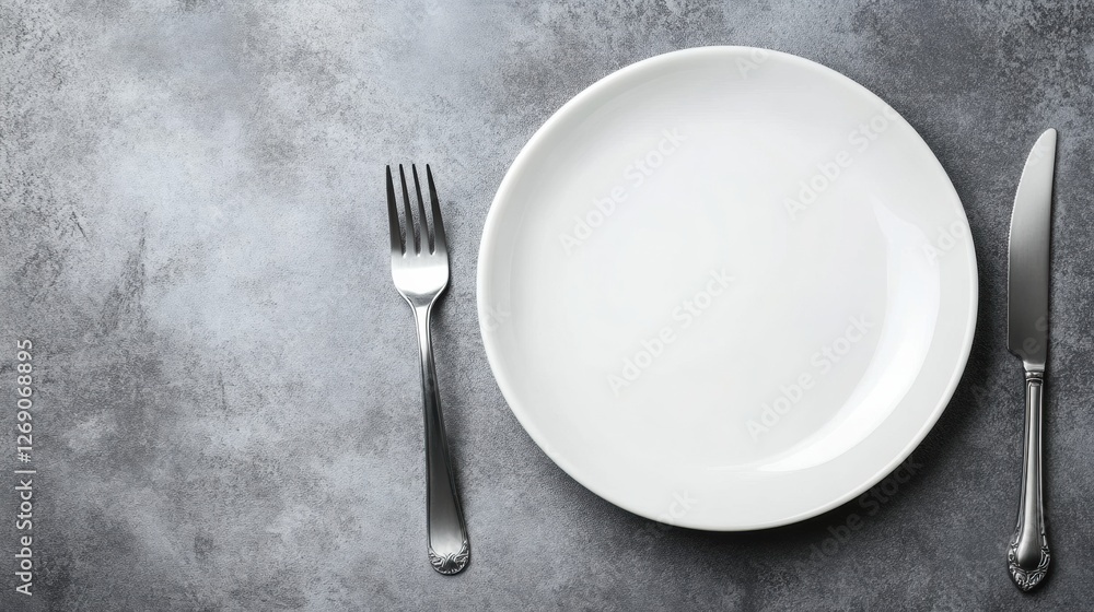 Aufkleber Setting a table with an empty white plate, fork, and knife on a textured gray surface in a dining area. Generative AI