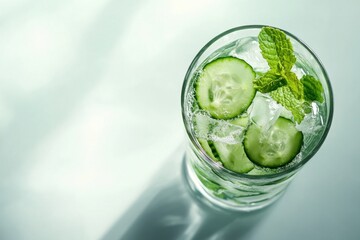 Refreshing cucumber and mint drink served in a clear glass captured in bright natural light perfect for summer hydration and refreshment