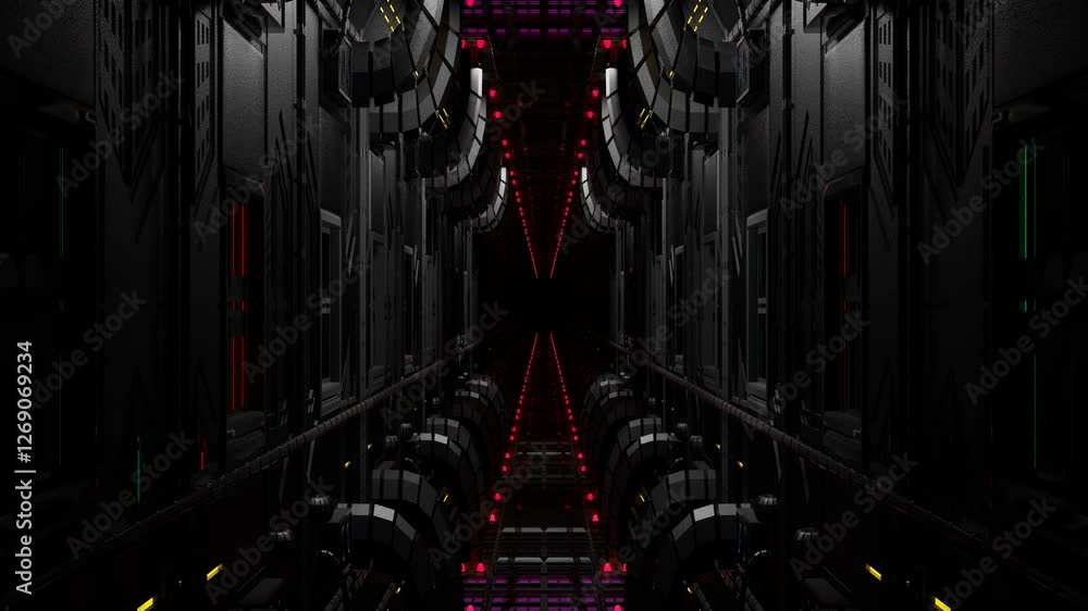 Poster endless forward movement inside a gloomy dark sci-fi corridor with flashing neon lights. 3d render. 