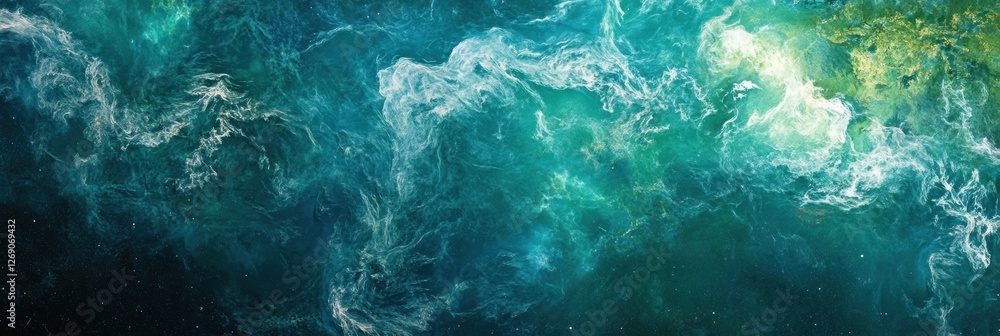 Poster colorful abstract cosmic swirl with deep greens and blues creating a vivid space background. generat
