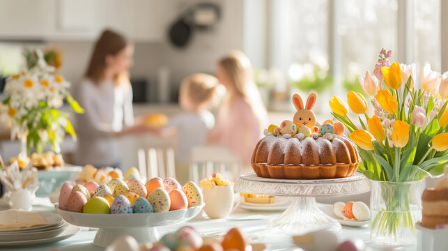Gedeckter Oster Tisch mit Eiern und Kuchen in der K&uuml;che einer Familie