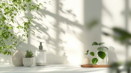 Tranquil Home Decor with Houseplants, Minimalist Design, Natural Light, and Shadows Creating Calming Atmosphere with Greenery and Glass Elements