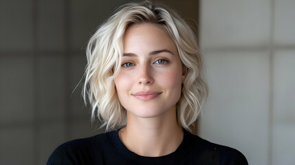 Fototapeta premium Young blonde woman smiling gently while looking at the camera in a brightly lit indoor setting.