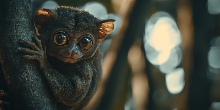 Philippine tarsier clinging to a tree branch in the forest