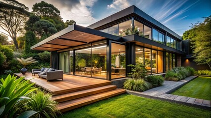 Fototapeta premium Modern Black Glass House with Wooden Accents, Garden & Terrace - Stock Photo