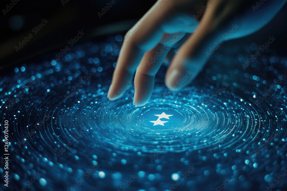 Poster hand interacting with futuristic two star rating interface on a digital screen