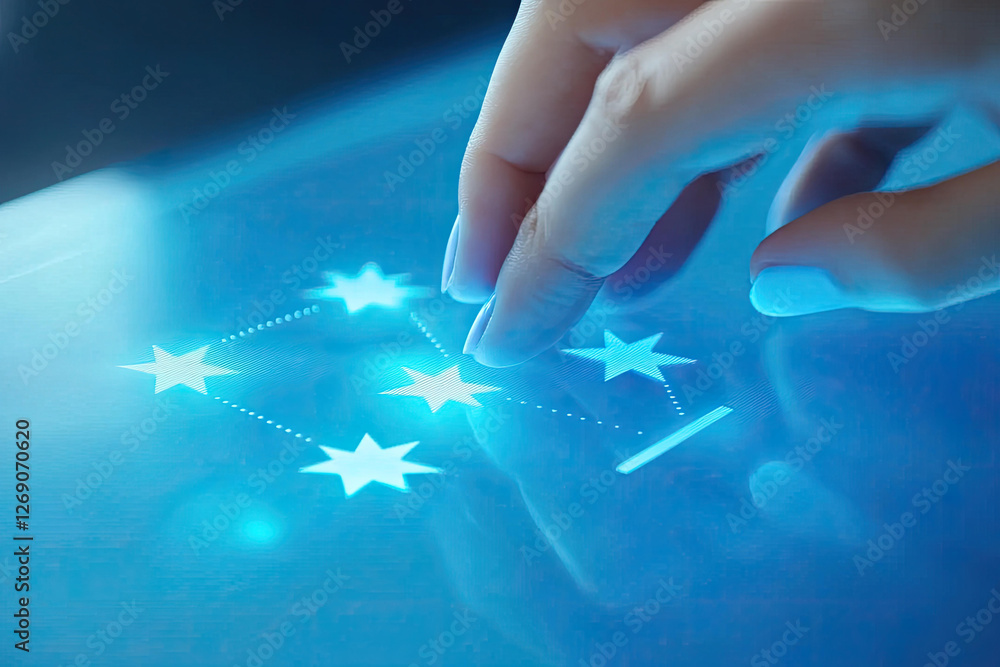 Aufkleber a finger interacts with a digital touchscreen displaying a network of glowing stars