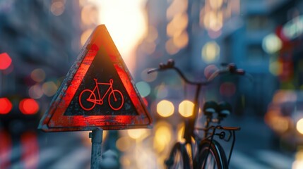A vibrant city street at sunset featuring a bicycle warning sign, blurred bikes, and colorful bokeh lights in the background