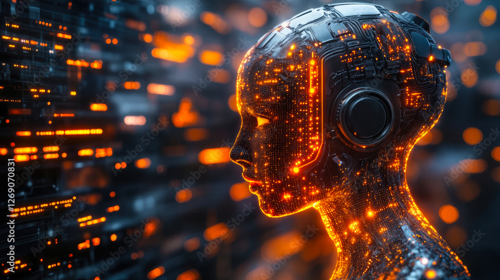 Aufkleber futuristic ai technology concept with digital human-like figure and scalable solutions for expanding