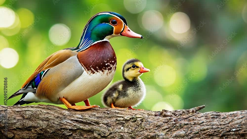 Aufkleber duckling sits on a branch next to a larger duck. the duckling is smaller and has a yellow beak
