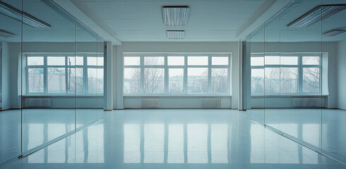 Bright and spacious dance studio equipped with mirrors on the walls, perfect for practicing various dance styles and routines