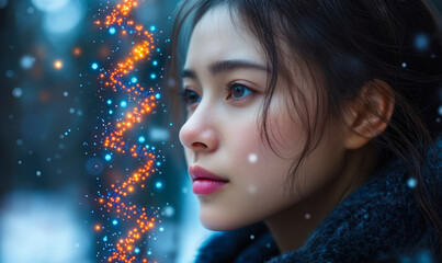 Portrait of Woman Reflecting with Molecular Helix Hologram and Snowfall - Fusion of Human Beauty, Science, and Winter Environment