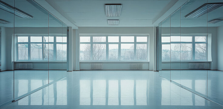 Bright and spacious dance studio equipped with mirrors on the walls, perfect for practicing various dance styles and routines