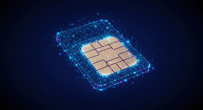 Futuristic glowing low polygonal sim card made of lines, light particles on dark blue background.