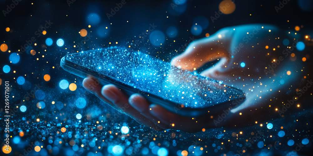 Poster hand holding smartphone with sparkling lights representing mobile app development and digital innova