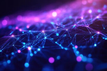Abstract digital landscape with vibrant blue and purple lights creating a network of connections, representing technology, data, and communication in modern design
