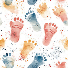 A colorful pattern of baby feet is painted on a white background