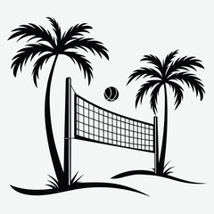 Silhouette of a beach volleyball net with palm trees on either side design vector art with illustration